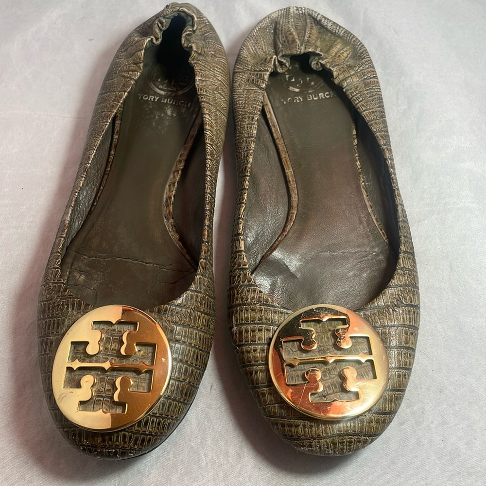 Tory Burch Gold Snakeskin Embossed Leather Reva Logo Ballerina Flats